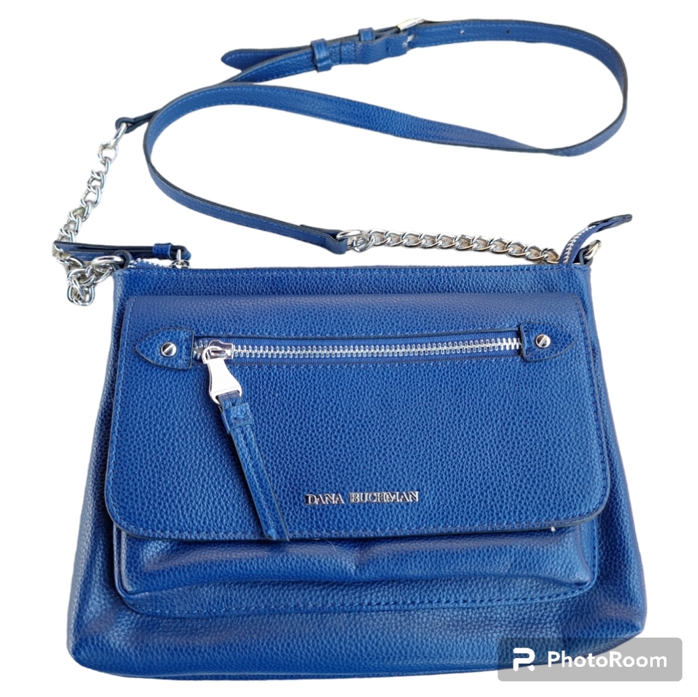 Dana Buchman Dark Blue Crossbody Bag 3 zipper pockets back outside slip pocket